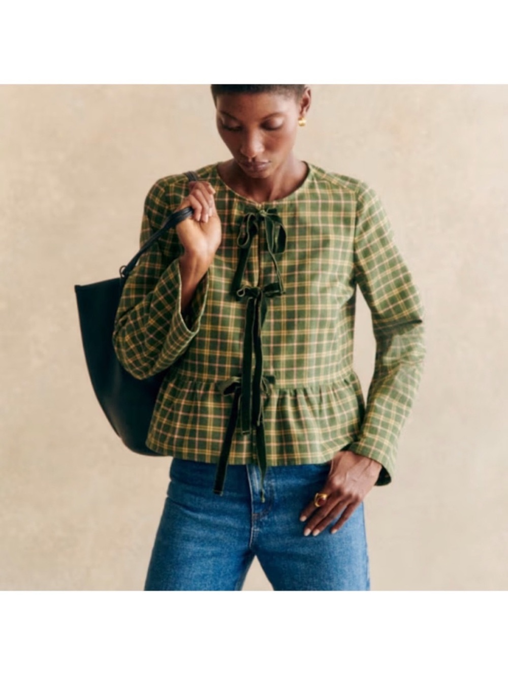 Sezane Brenda Plaid Blouse Checkered Tie Front Peplum Velvet Green Size Medium